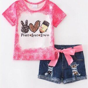 Girls Peace love learn school denim shorts set, size 3 (small)